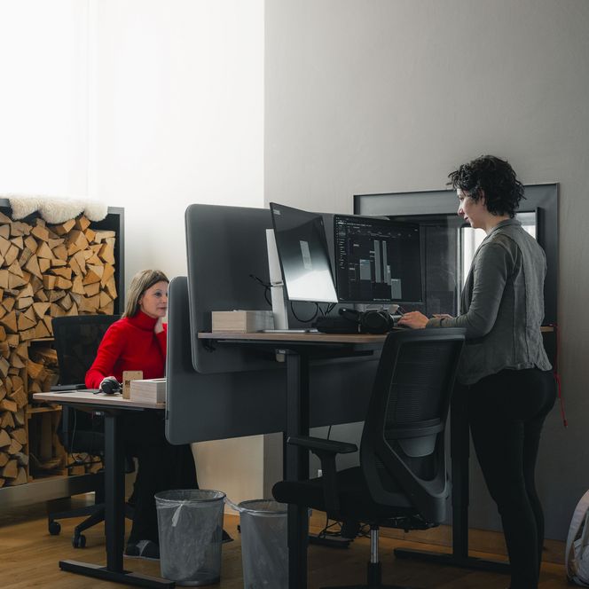Zwei Frauen arbeiten konzentriert an ergonomischen Schreibtischen während einem Retreat Aletsch Arena.