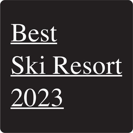 Schwarzes Signet Best Ski Resort 2023 mit weisser Schrift auf der Seite Auszeichnungen Aletsch Arena.