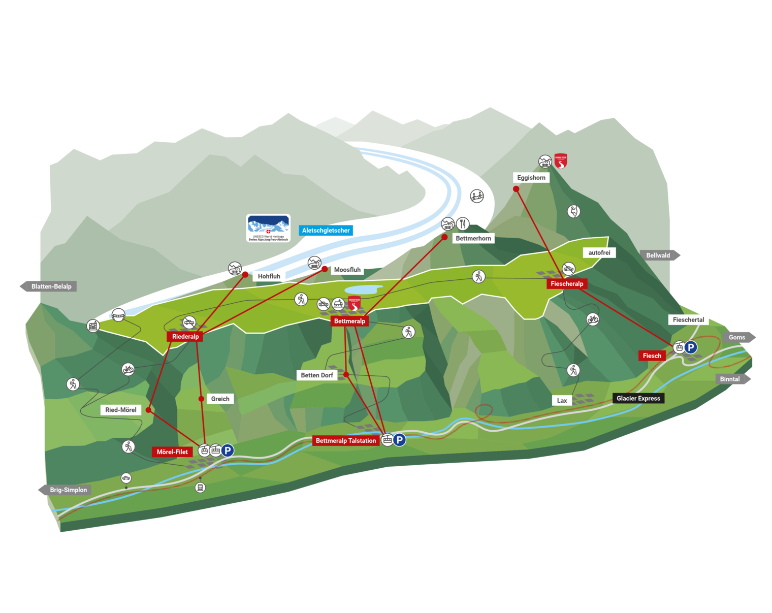 A detailed 3D map of the Aletsch Arena showing villages, mountain railroads and the large glacier.
