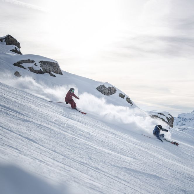 Deux amateurs de sports d'hiver dévalent une pente raide avec beaucoup de poussière de neige en faisant du ski dans l'Aletsch Arena.