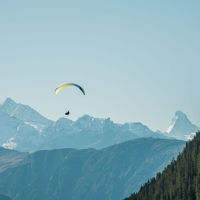 Gleitschirmfliegen vor imposanter Alpenkulisse und bewaldetem Hang unter klarem Himmel