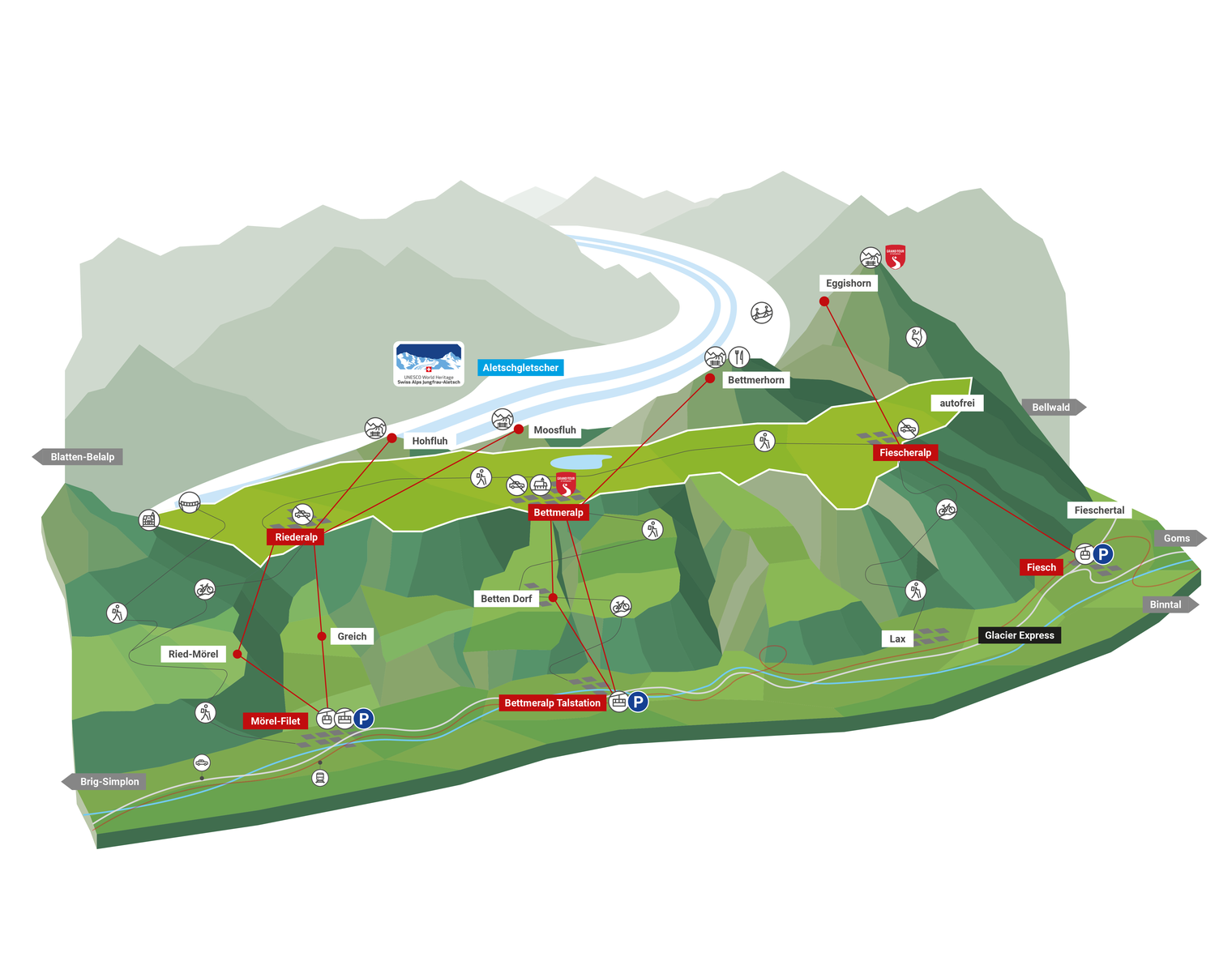 A detailed 3D map of the Aletsch Arena showing villages, mountain railroads and the large glacier.